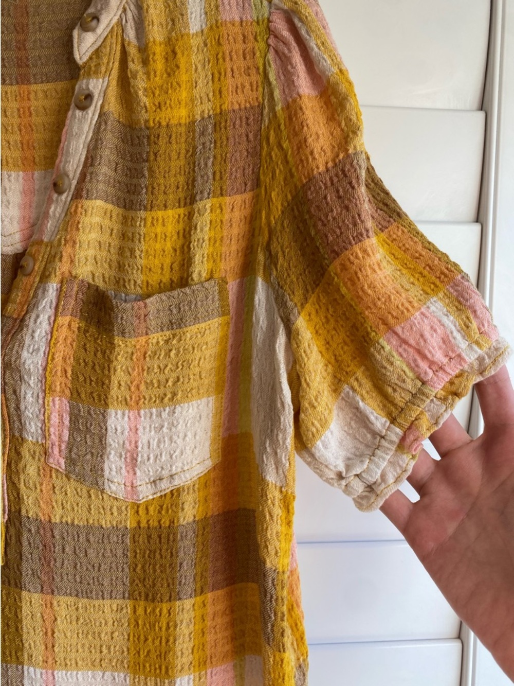 Pilcro Yellow Pink Brown Plaid Short-Sleeve Blouse - Picture 3 of 5